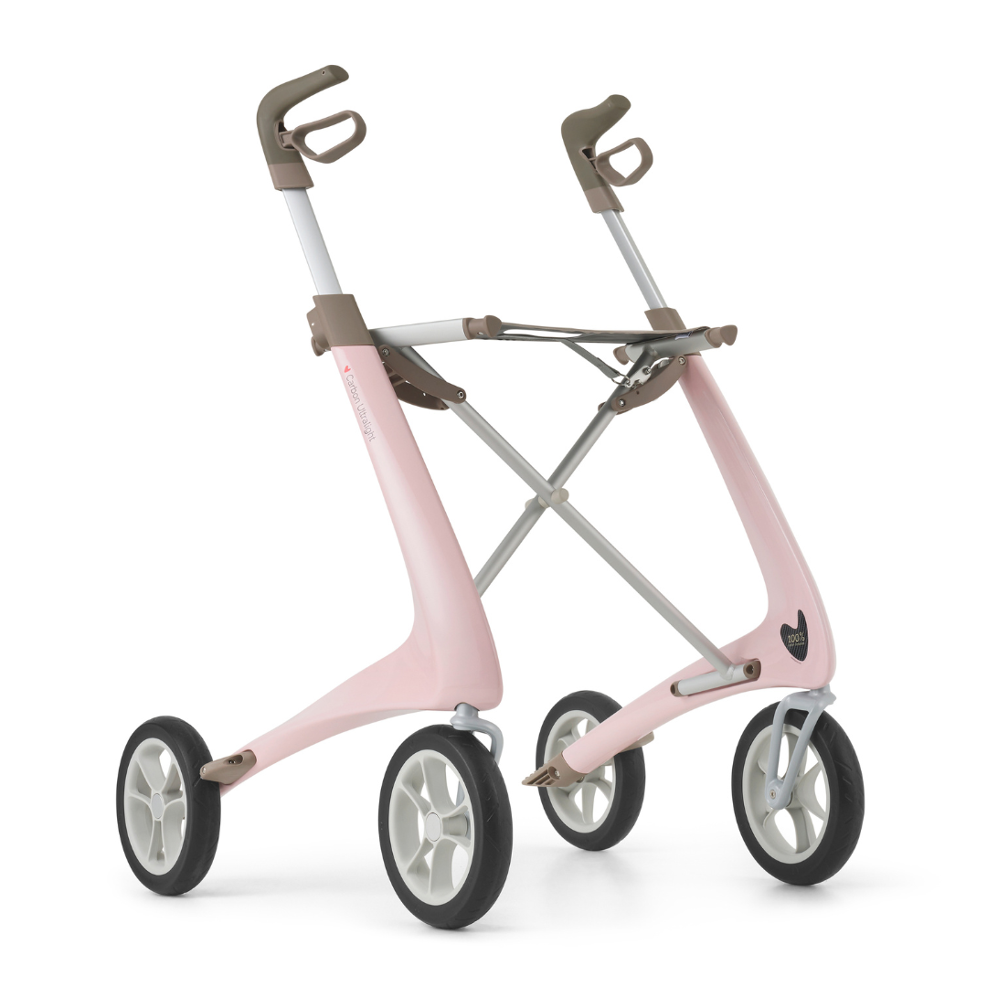 The ByACRE Ultralight Carbon Fiber Rollator (10.6 lbs) features a modern, minimalist pink frame inspired by strollers, four black-and-white wheels, ergonomic handles, and a seat-free lightweight design.